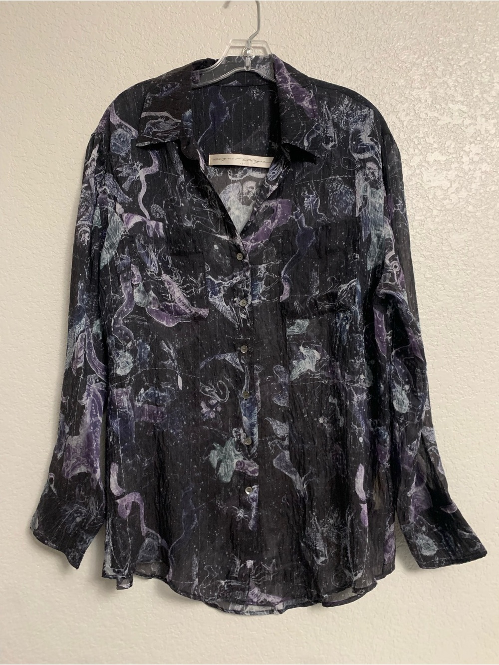 Raquel Allegra Blouse Top Womens 3/L Zodiac Abstract Print Sheer Boho Artsy